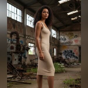 Elegant Beige Ribbed BodyCon Knit Dress